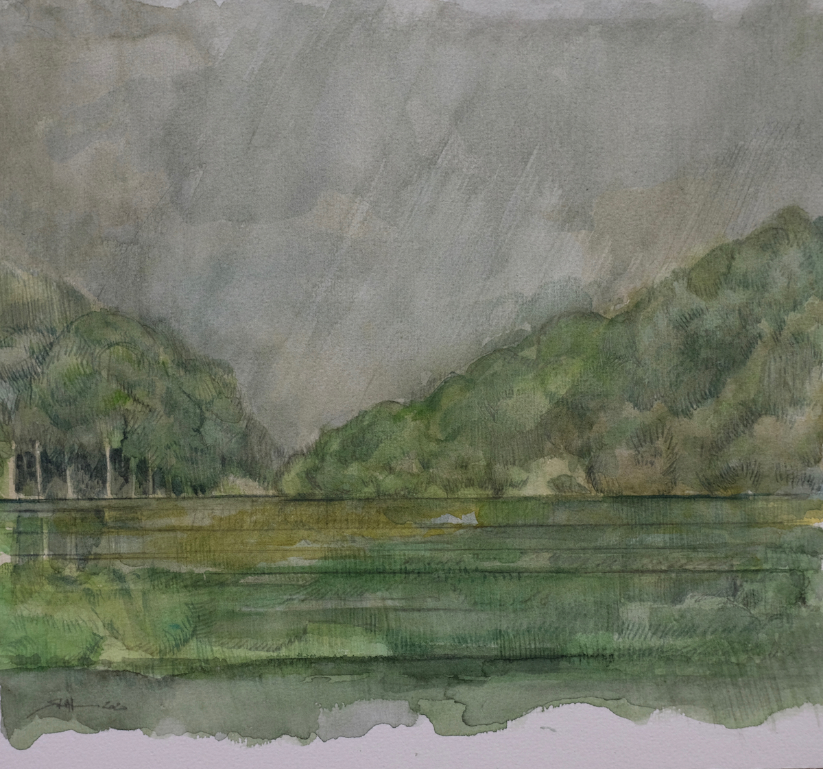 Regentag in Lednice, 2020 - Aquarell, Bleistift